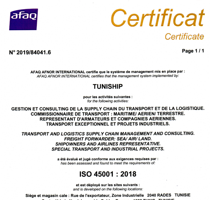 Certificat ISO 45001 v 2018