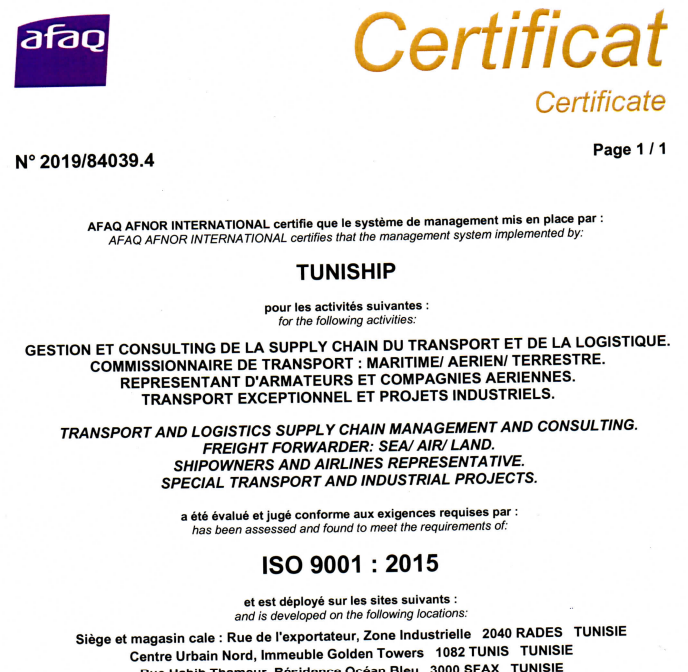 Certificat ISO 9001 v 2015
