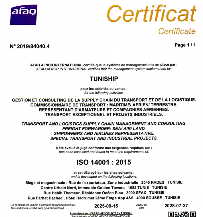 Certificat ISO 14001 v 2015